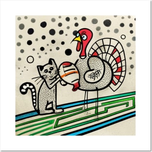 cat loves playing turkey football Thanksgiving Posters and Art